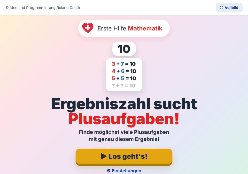 Startbild der App Ergebniszahl sucht Plusaufgaben