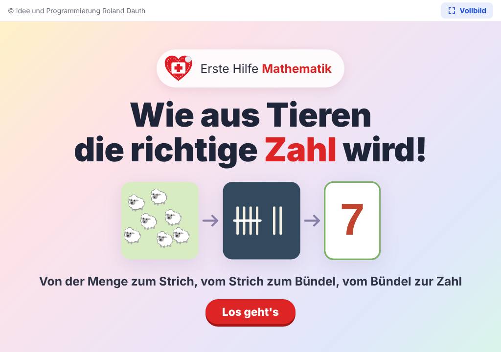 Startbild der App Aus einer Menge Tiere wird eine Zahl